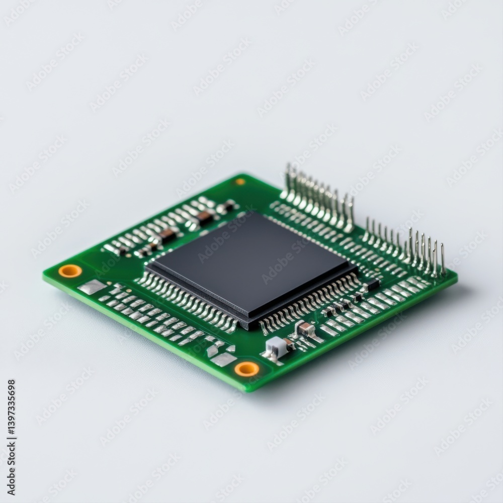 Close-up of a green printed circuit board with a microchip on a light background for technology concepts Close-up of a green printed circuit board with a microchip on a light background for technology concepts