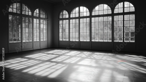 Sunlit Room with Arched Windows and Patterned Shadows