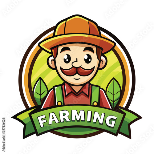 Smiling Farmer Cartoon Character with Mustache and Hat in Circle Badge Logo Design