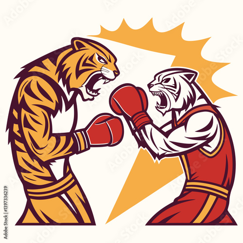 Cartoon Boxing Tigers Fight - Orange and White Tigers Action - Vector Animal Art