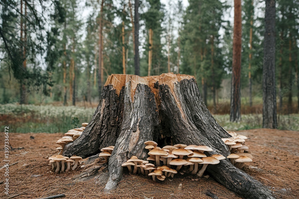 Fototapeta premium A photo of a forest with a large stump of a pine tree