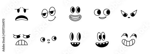 Vector cartoon faces, abstract design mascots - y2k stickers and badges, happy, angry expressions, sticker and icons with different face expressions