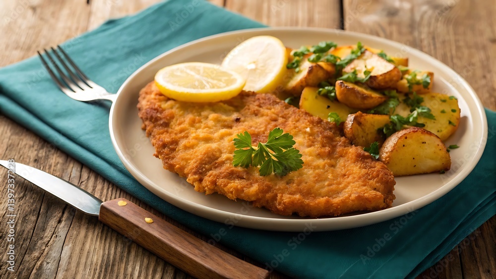 Golden Crispy Schnitzel with Roasted Potatoes and Lemon on Rustic Wooden Table Golden Crispy Schnitzel with Roasted Potatoes and Lemon on Rustic Wooden Table
