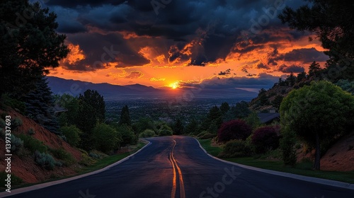 Scenic road at sunset, city in distance. Dramatic clouds and trees line the highway