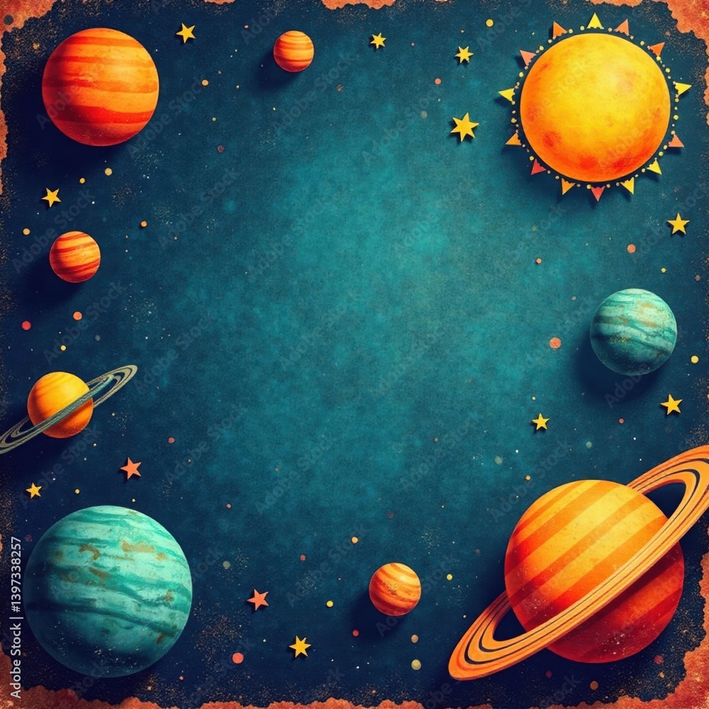 Distressed old paper featuring geometric shapes of planets, suns, and galaxies in a retro-style sky pattern, futuristic, retro Distressed old paper featuring geometric shapes of planets, suns, and galaxies in a retro-style sky pattern, futuristic, retro
