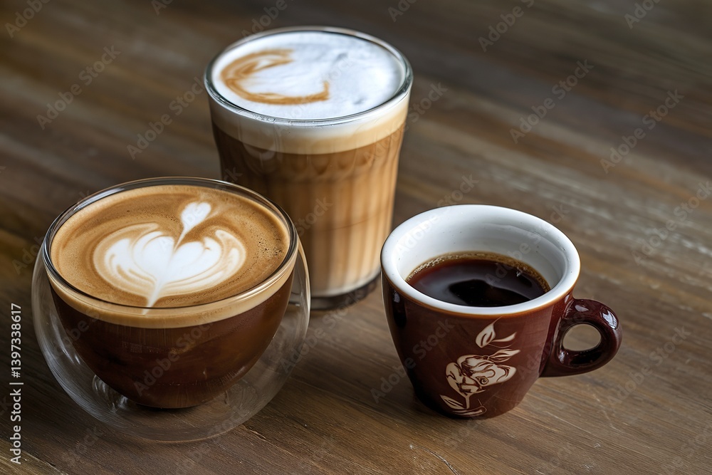three glass cups with different coffee drinks three glass cups with different coffee drinks