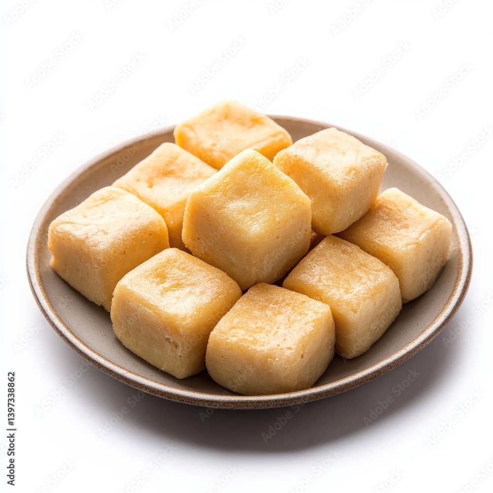 Traditional Indian milk burfi cubes on ornate golden plate isolated on white background Traditional Indian milk burfi cubes on ornate golden plate isolated on white background