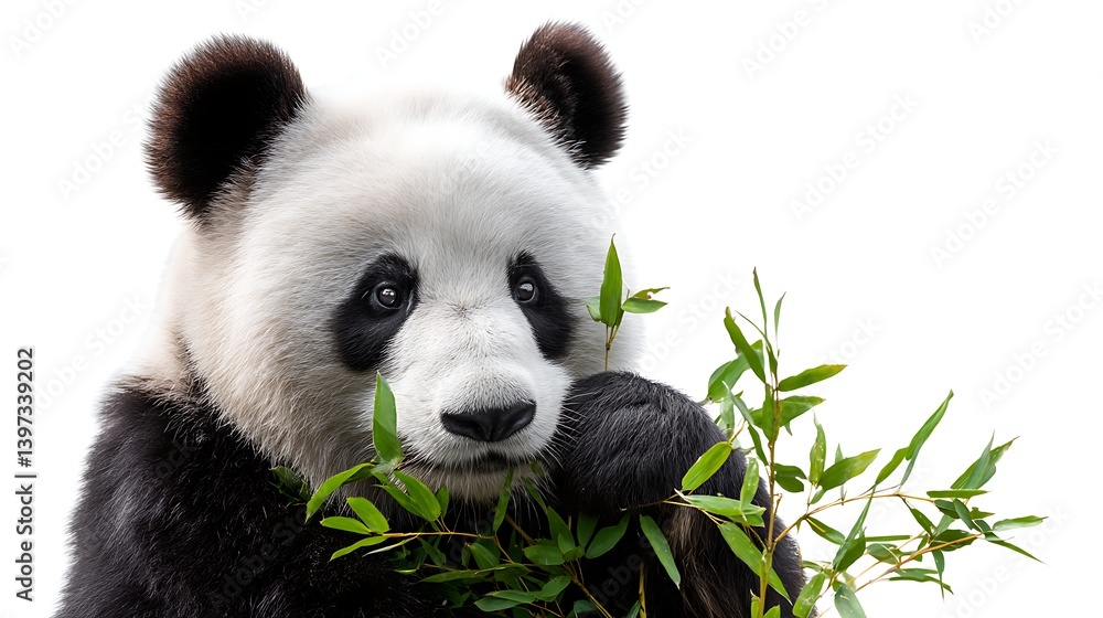 Fototapeta premium Panda Eating Bamboo Shoots Close Up on White Background