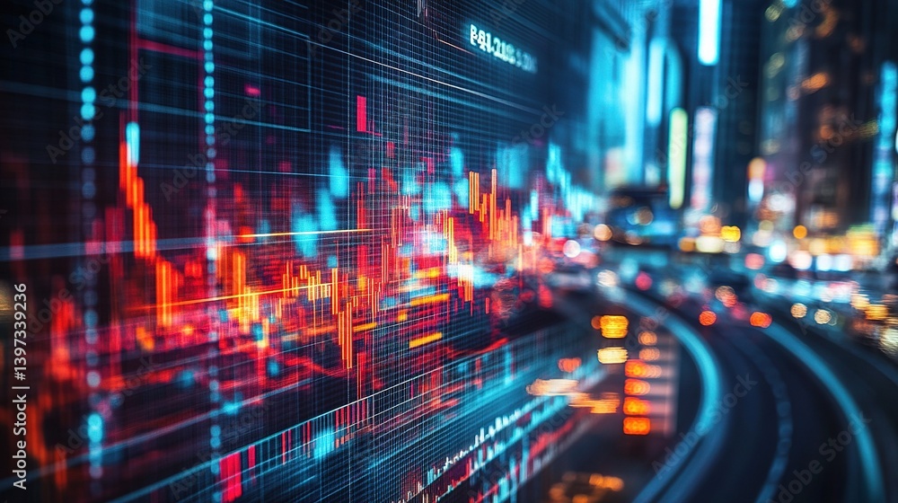 Obraz premium Aerial View of Hologram Stock Market Chart with Data Visualization