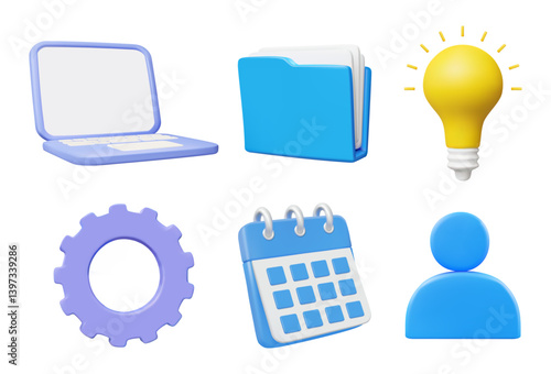 3D illustration vector render set of icons notebook, folder file, light bulb, gear, calendar, profile isolated on white background. Concept of work management and planning in digital organization.