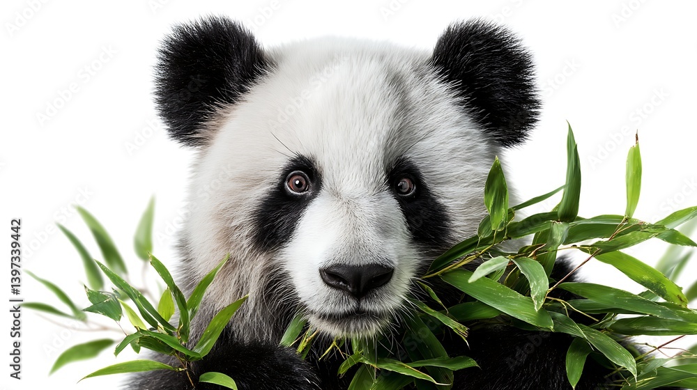 Naklejka premium Panda Eating Bamboo Leaves Close Up on White Background