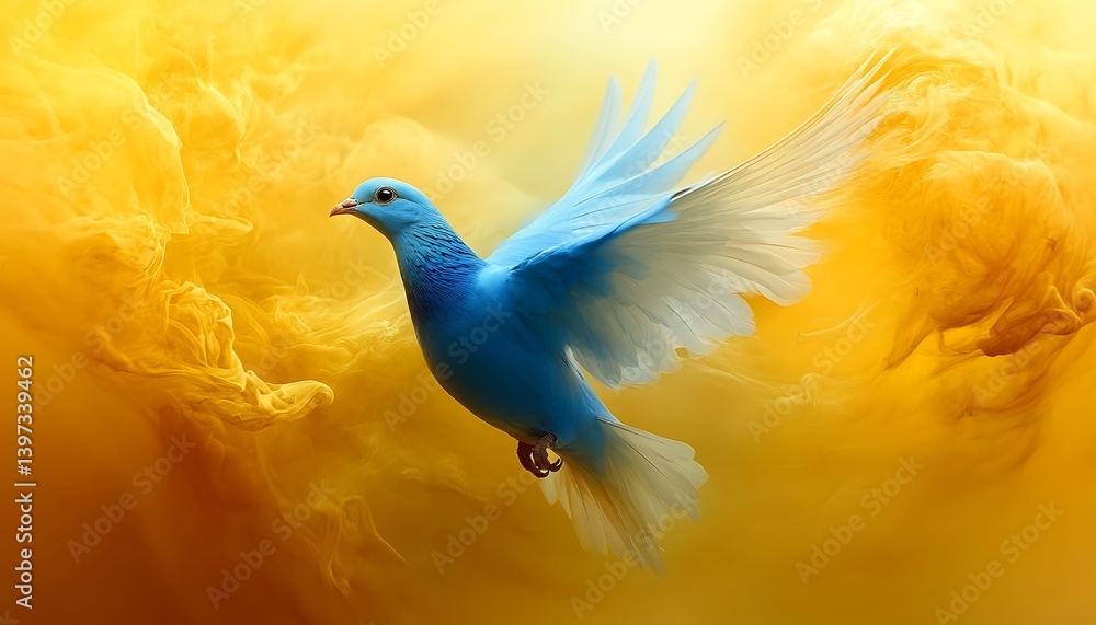 Fototapeta premium Flying Blue Dove in Gold Smoke