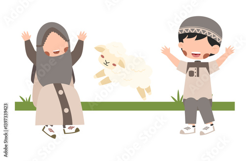Joyful Muslim Children with Playful Lamb, Eid al-Adha Celebration Illustration Illustration for Eid Al Adha Hajj and Umroh Islamic