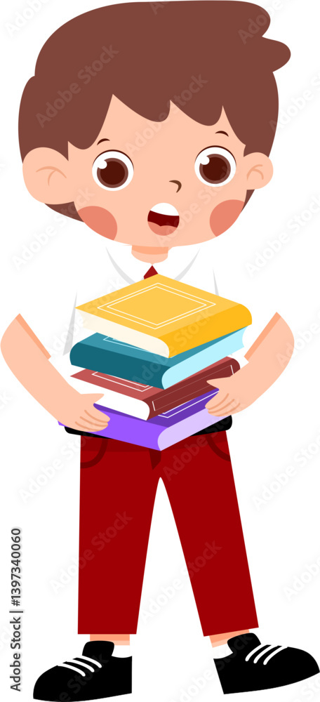 Happy Boy Carrying Stack of Colorful Books with Indonesian Elementary School Uniform Happy Boy Carrying Stack of Colorful Books with Indonesian Elementary School Uniform