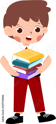 Happy Boy Carrying Stack of Colorful Books with Indonesian Elementary School Uniform