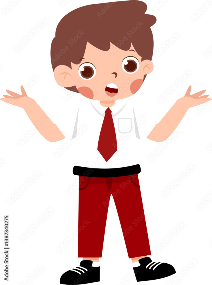 Surprised Schoolboy in Red Trousers and White Shirt, Arms Outstretched with Indonesian Elementary School Uniform Surprised Schoolboy in Red Trousers and White Shirt, Arms Outstretched with Indonesian Elementary School Uniform