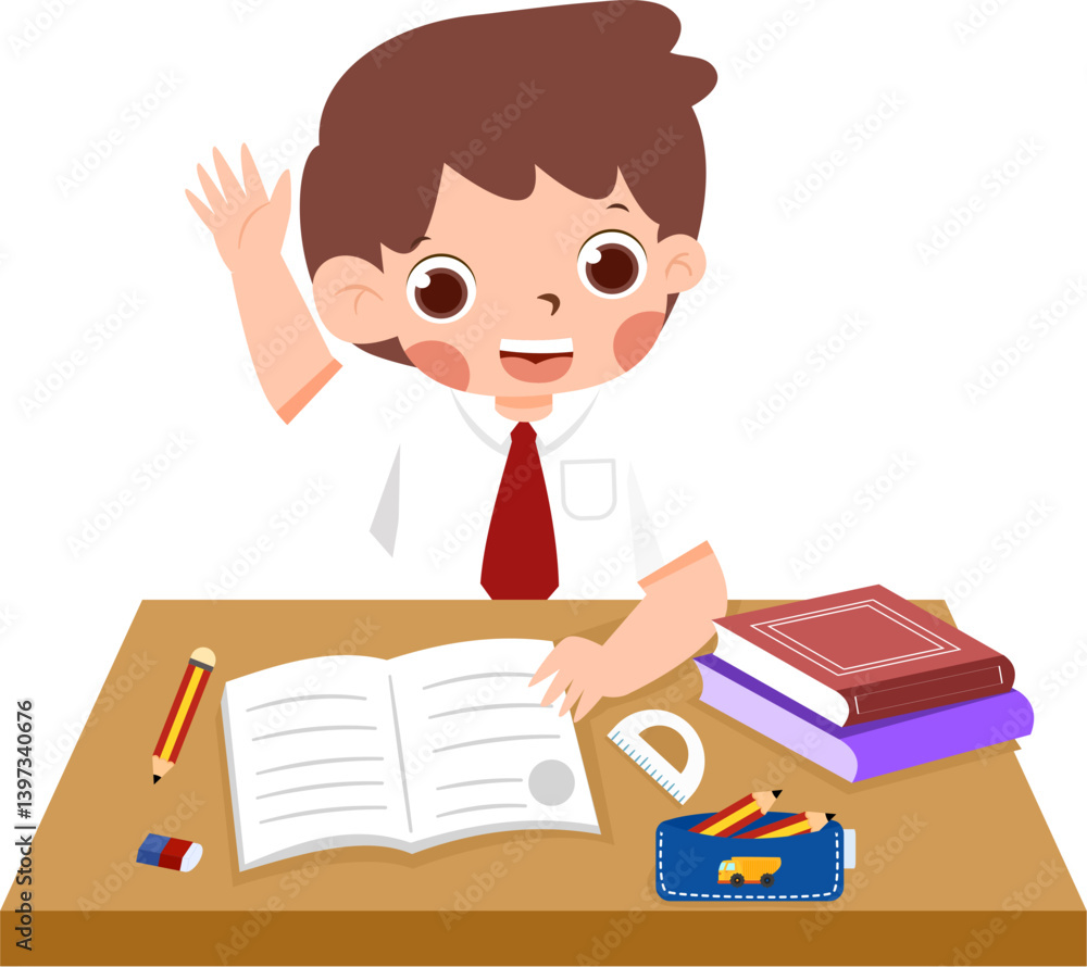 Enthusiastic Schoolboy Raising Hand, Desk with Books and Stationery with Indonesian Elementary School Uniform Enthusiastic Schoolboy Raising Hand, Desk with Books and Stationery with Indonesian Elementary School Uniform