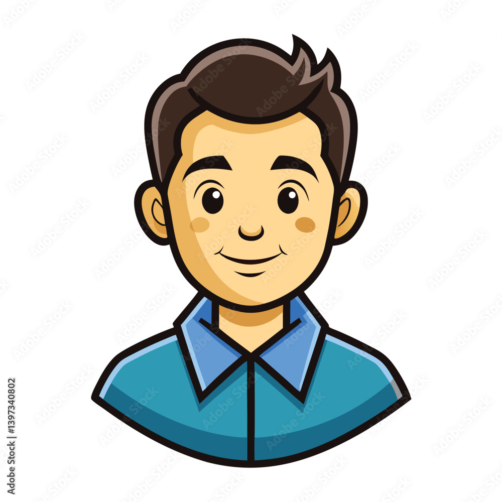Smiling Cartoon Man Brunette Hair, Blue Collared Shirt, Cheerful Face, Dark Outline Smiling Cartoon Man Brunette Hair, Blue Collared Shirt, Cheerful Face, Dark Outline