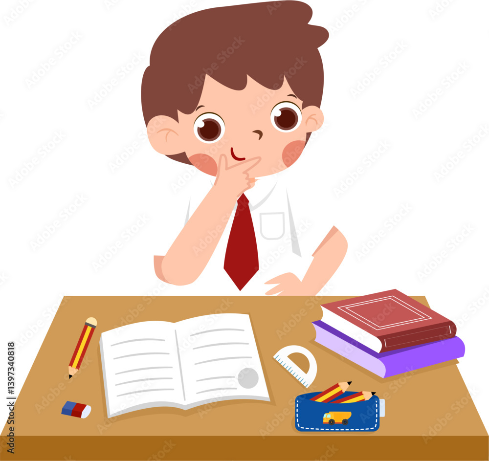 Pensive Schoolboy Studying at Desk with Books and Stationery with Indonesian Elementary School Uniform Pensive Schoolboy Studying at Desk with Books and Stationery with Indonesian Elementary School Uniform