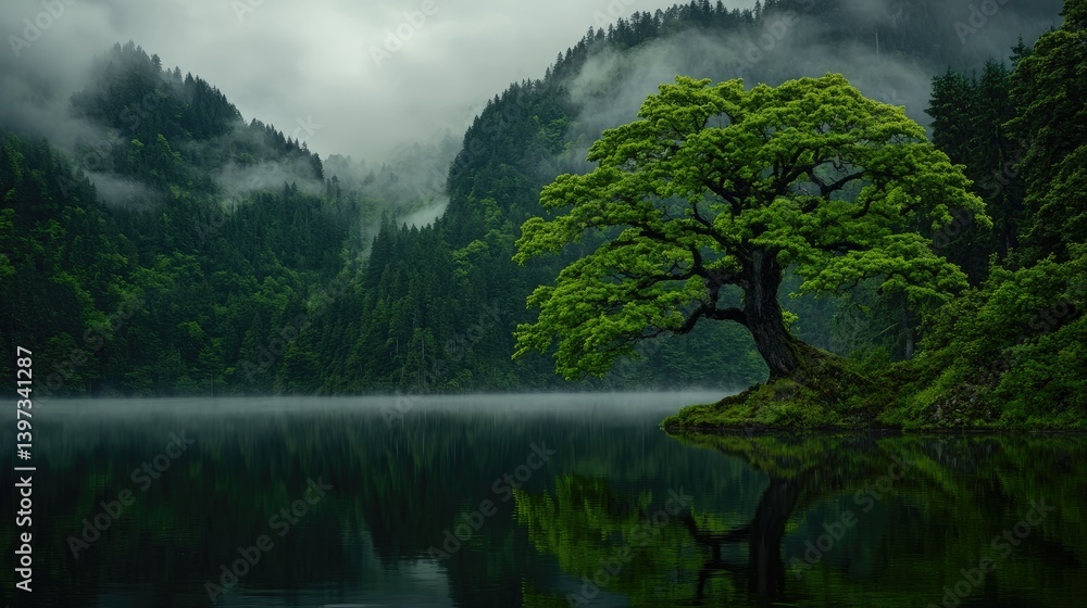 Serene lake nestled amidst misty mountains. Lush green forest surrounds a tranquil body of water, showcasing a solitary tree reflected perfectly on the surface Serene lake nestled amidst misty mountains. Lush green forest surrounds a tranquil body of water, showcasing a solitary tree reflected perfectly on the surface