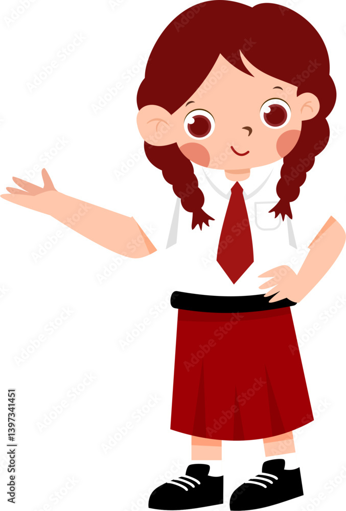 Smiling Schoolgirl in Red Uniform Presenting, Cheerful Cartoon Illustration with Indonesian Elementary School Uniform Smiling Schoolgirl in Red Uniform Presenting, Cheerful Cartoon Illustration with Indonesian Elementary School Uniform