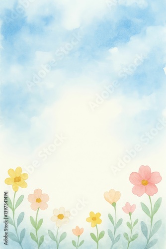 watercolor illustrations featuring serene skies and delicate florals. Each piece is painted in soft or vibrant tones, with fluffy clouds drifting through the sky and charming flowers.