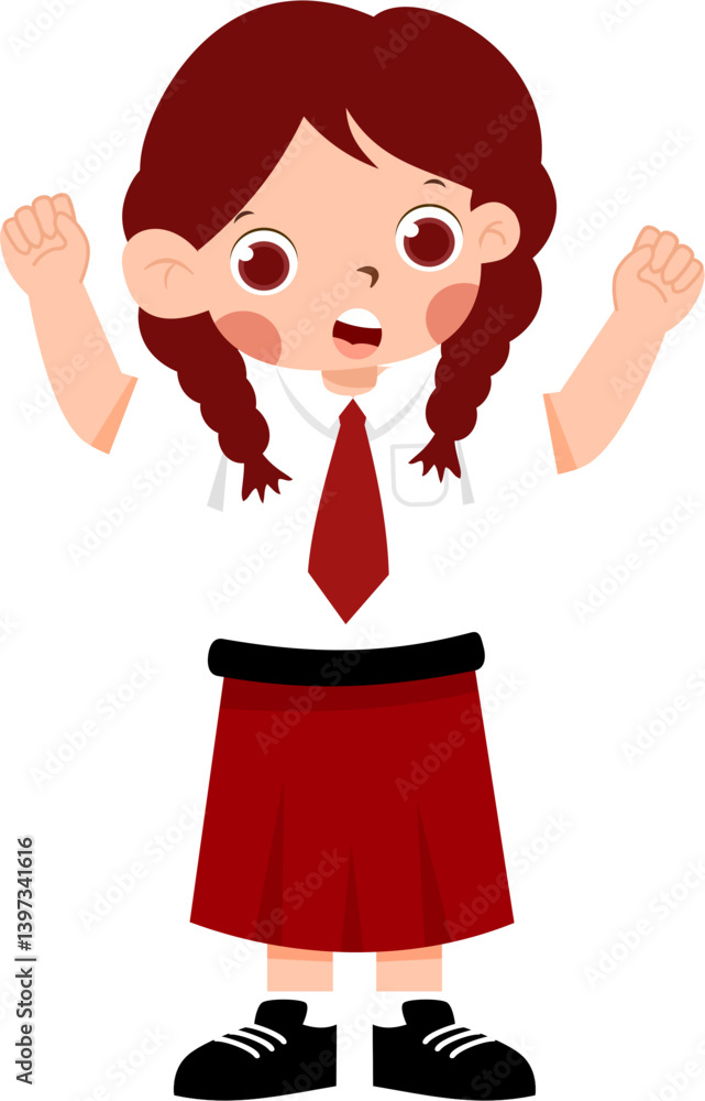 Joyful Schoolgirl in Red Uniform, Arms Raised in Celebration with Indonesian Elementary School Uniform Joyful Schoolgirl in Red Uniform, Arms Raised in Celebration with Indonesian Elementary School Uniform