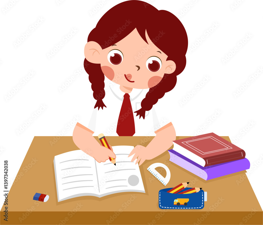Happy Schoolgirl Concentrated on Homework at Desk with Books and Supplies with Indonesian Elementary School Uniform Happy Schoolgirl Concentrated on Homework at Desk with Books and Supplies with Indonesian Elementary School Uniform