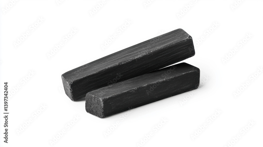 Two black chalk pieces are stacked on white background, showcasing their rectangular shape and smooth texture, ideal for classroom or artistic use Two black chalk pieces are stacked on white background, showcasing their rectangular shape and smooth texture, ideal for classroom or artistic use