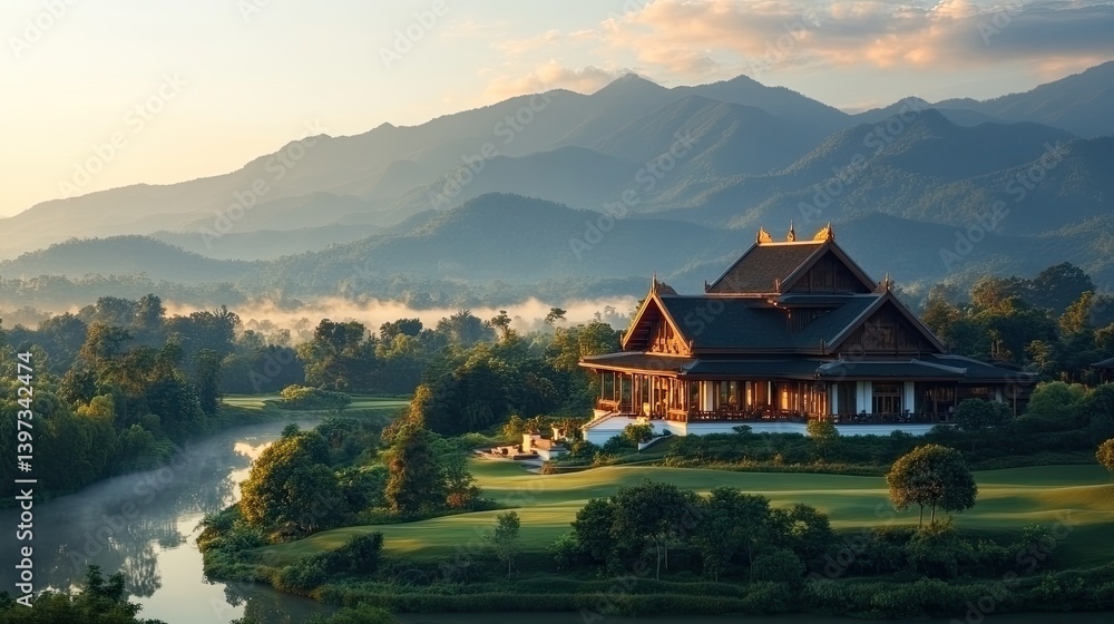 Obraz premium Serene mountain resort. Tranquil valley nestled amidst misty mountains, a wooden house sits on a manicured lawn