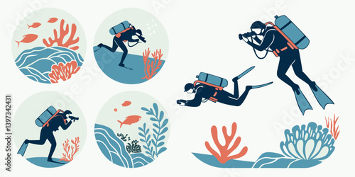 Scuba Diving Coral Reef Fish Underwater Photography Vector Art
