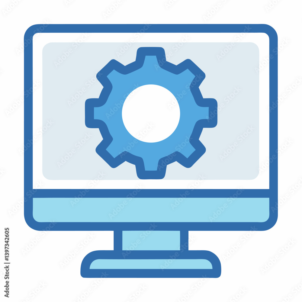 Monitor with gear represents project management or technical leadership outline icon on white background Monitor with gear represents project management or technical leadership outline icon on white background