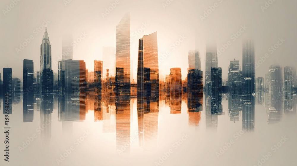 Fototapeta premium Stylized Cityscape with Layered Reflection on Reflective Surface