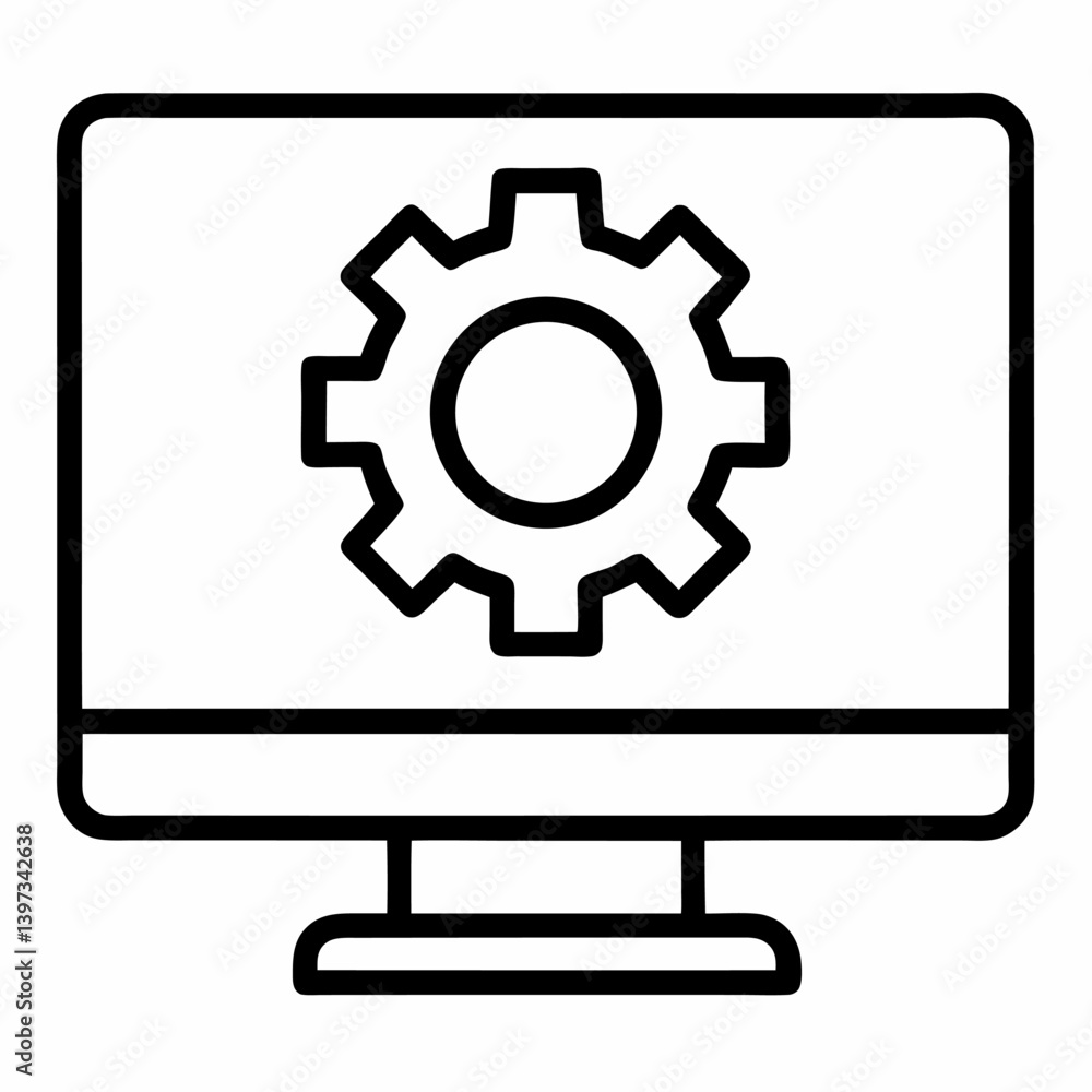 Monitor with gear represents project management or technical leadership outline icon on white background Monitor with gear represents project management or technical leadership outline icon on white background
