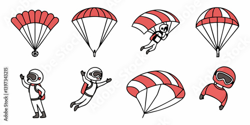 Red and White Cartoon Parachute and Skydiver Illustrations Skydiving Graphics