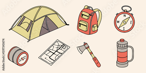 Cartoon Hand-drawn Camping & Hiking Gear Set Essential Tent Backpack Compass Map Axe Water Bottle Sleeping Bag