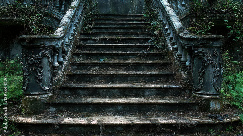 Overgrown staircase leads to mysterious hidden place. Overgrown staircase leads to mysterious hidden place.