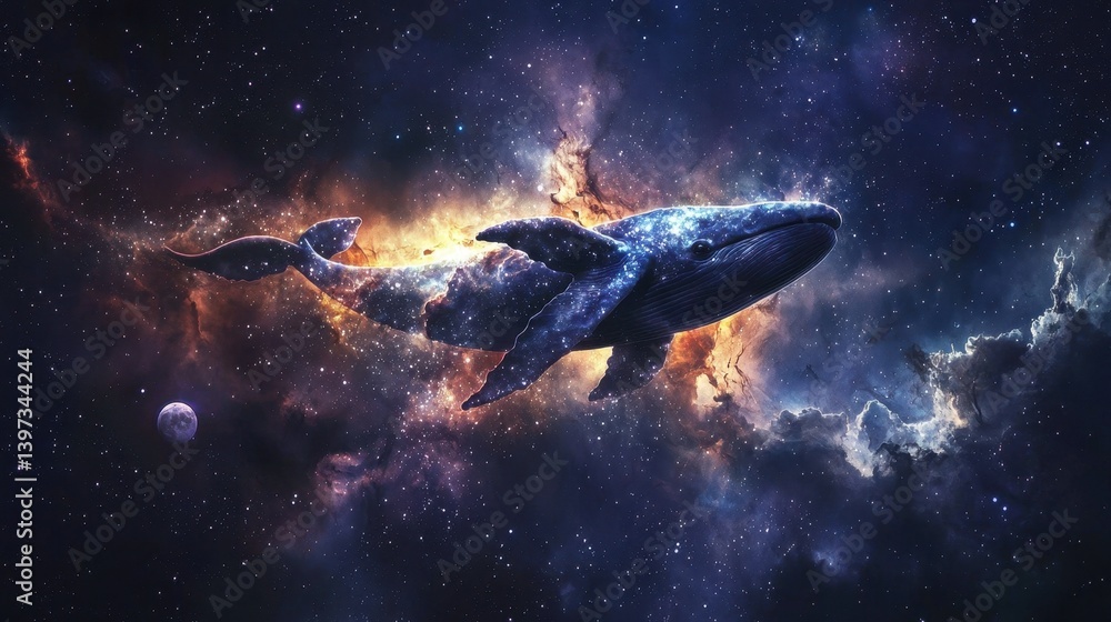 Cosmic Whale Swimming Through Nebula in Colorful Outer Space Cosmic Whale Swimming Through Nebula in Colorful Outer Space