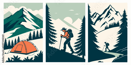 Mountain Scenery Hiking Camping Tent Trees Outdoor Adventure Vector Art