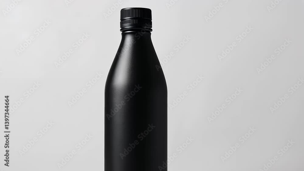 Sleek black water bottle standing upright on a minimalist background, emphasizing modern design Sleek black water bottle standing upright on a minimalist background, emphasizing modern design