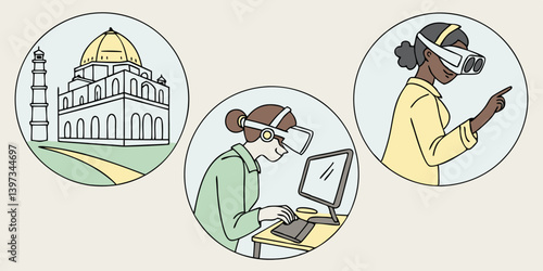 Cartoon Illustration: VR Headsets for Virtual Travel & Digital Learning: People, Laptop, Building