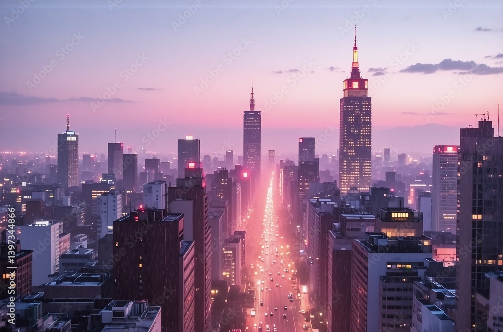 Fototapeta premium A breathtaking cityscape at dawn. Pink hues paint the sky above a wide avenue lined with skyscrapers, traffic lights glowing faintly. The atmosphere is serene yet vibrant, a beautiful urban vista.