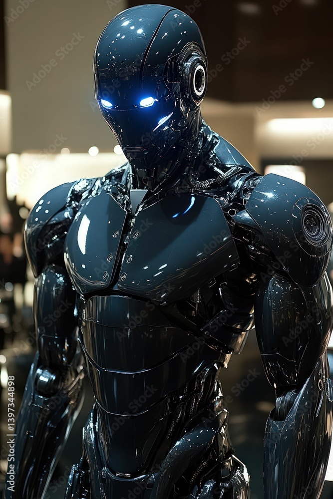 Fototapeta premium Sleek black robot with glowing blue eyes.