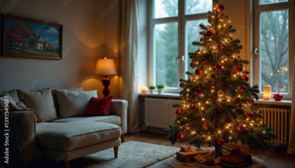 Fototapeta premium Decorated evergreen tree with fairy lights and ornaments in a cozy living room background , Living room decor, Indoor decorating