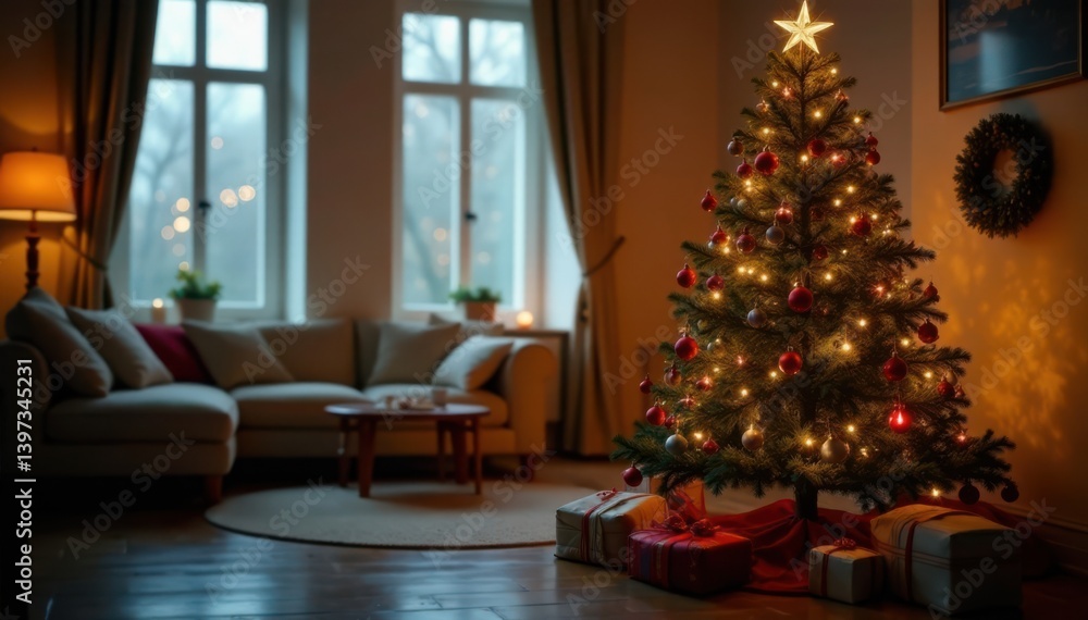 Decorated Christmas tree with lights and ornaments in a festive room, christmas tree, winter decoration Decorated Christmas tree with lights and ornaments in a festive room, christmas tree, winter decoration