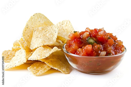 Chips and salsa isolated on a white background, perfect for snack-related advertising or food product promotions