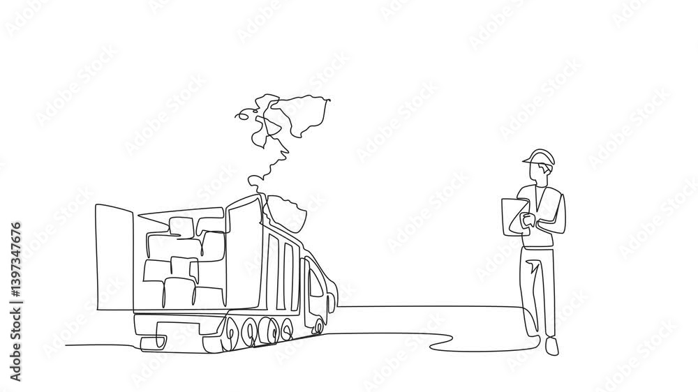 Self drawing animation of continuous one line drawing A man wearing a project vest and helmet is holding a clipboard. Busy in the logistics warehouse. National Supply Chain Day. Full length animated Self drawing animation of continuous one line drawing A man wearing a project vest and helmet is holding a clipboard. Busy in the logistics warehouse. National Supply Chain Day. Full length animated