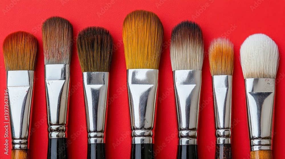 Fototapeta premium Makeup brushes lined up. Variety of styles and shapes on a red background
