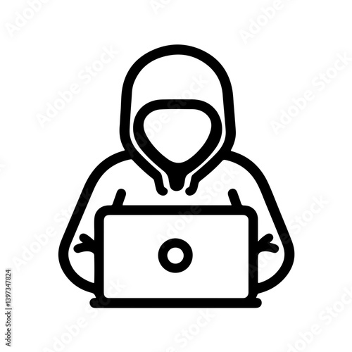 Hacker icon with a hooded figure and a laptop, digital security and hacking vector

