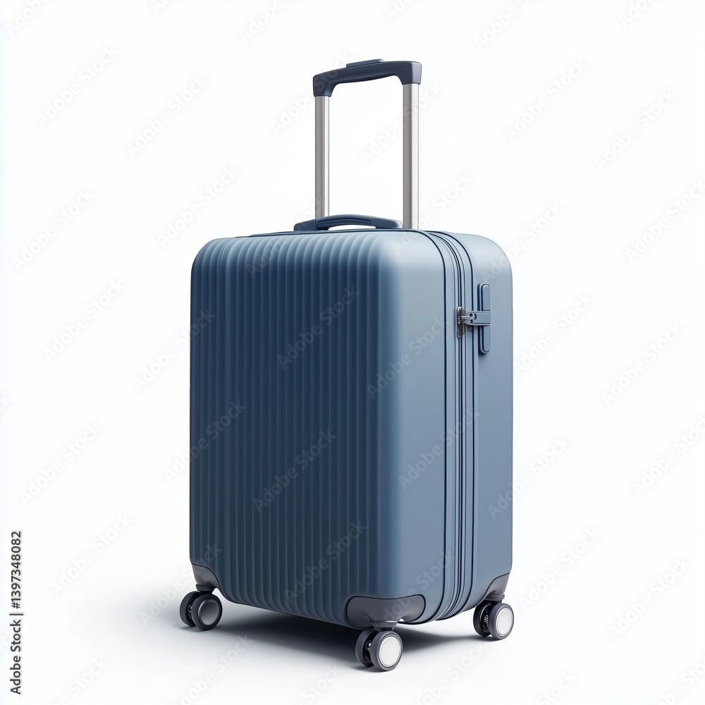 3D luggage icon in matte slate blue with extended handle, visible wheels, minimalist shape with soft lighting and shadow on white 3D luggage icon in matte slate blue with extended handle, visible wheels, minimalist shape with soft lighting and shadow on white